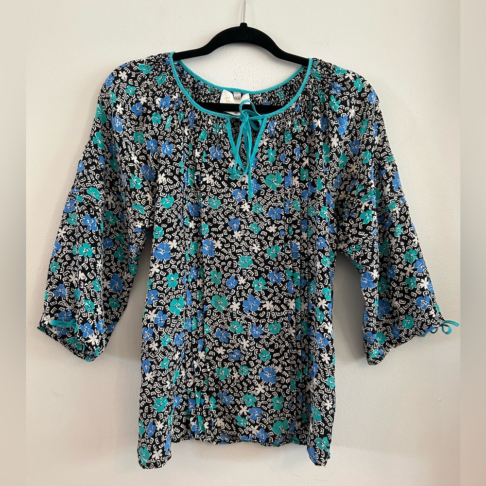 Yumi Kim Aqua Blue Black Abstract and Floral Print Silk Boho Blouse Small